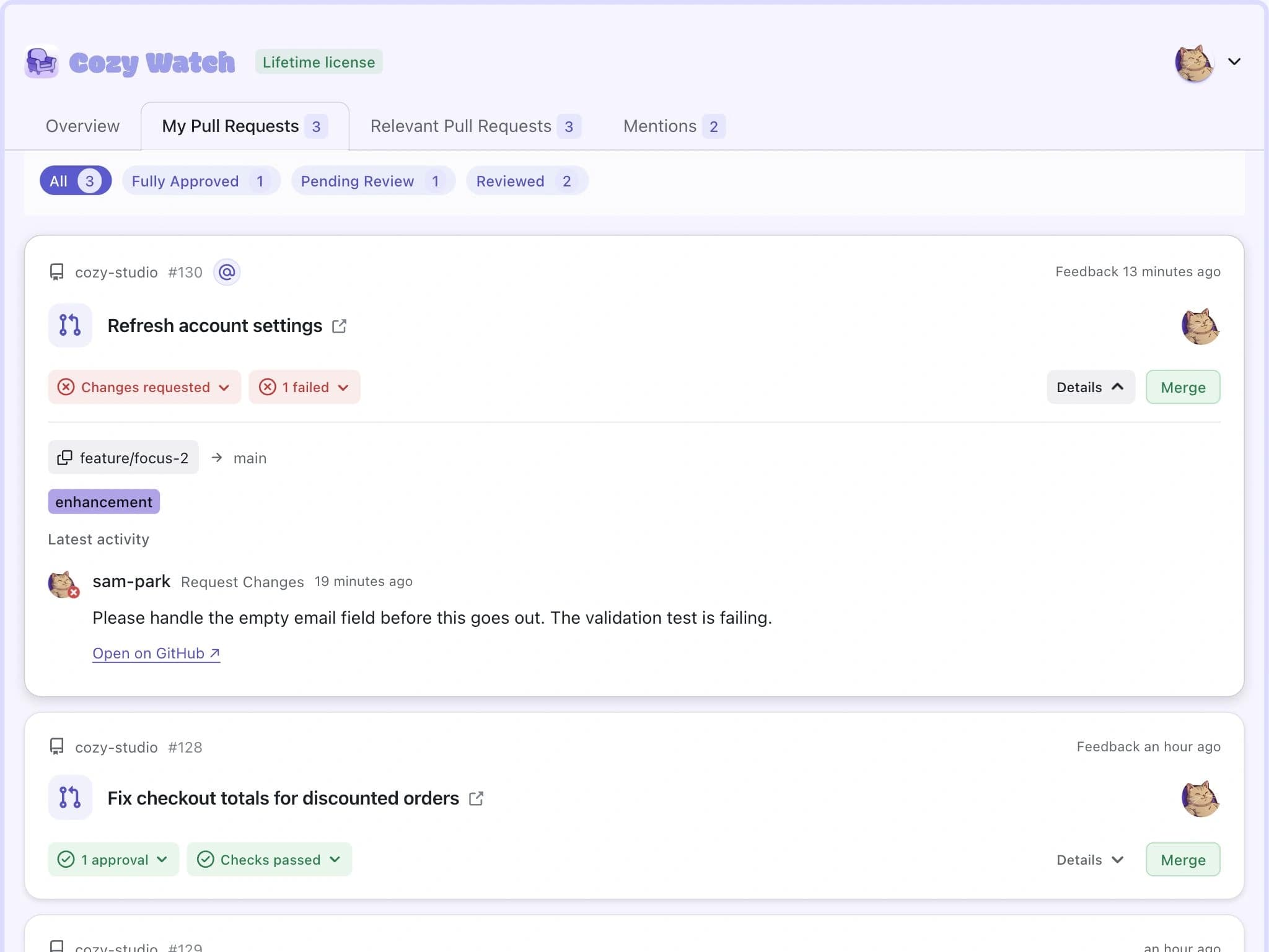 Cozy Watch desktop app showing the requested validation fix, branch details, and failed check on a pull request.