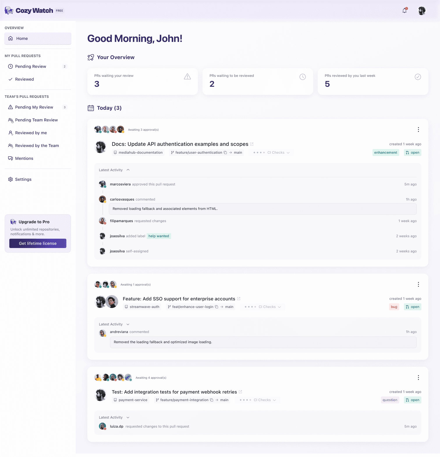 Activity Timeline — Cozy Watch GitHub notifications