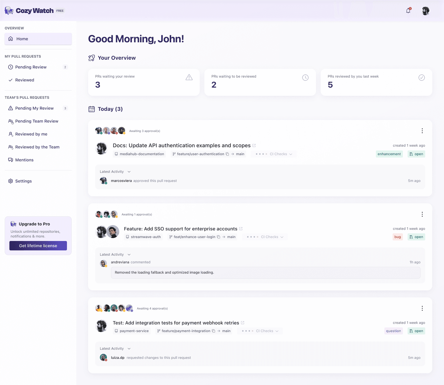 Smart Overview of PRs — Cozy Watch GitHub notifications