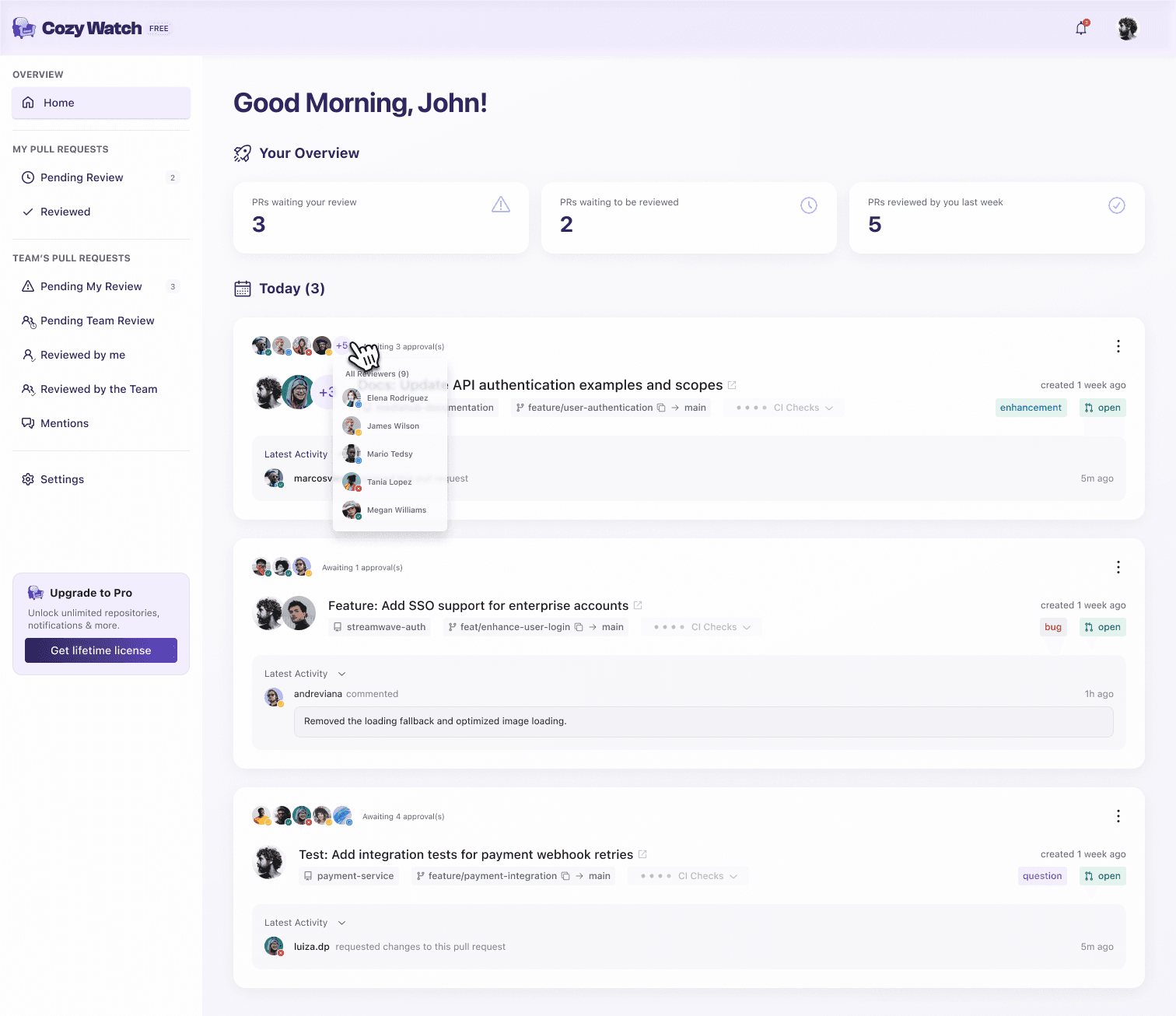 Reviewer Status at Glance — Cozy Watch GitHub notifications